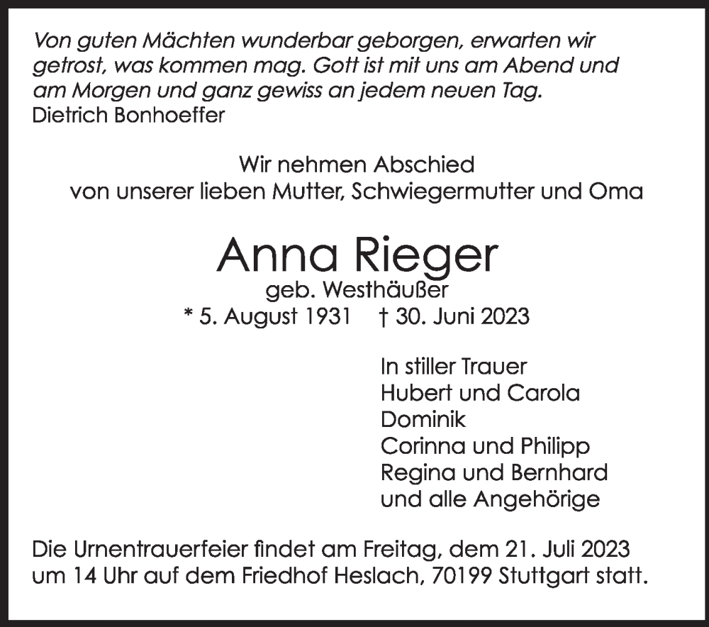  Traueranzeige für Anna Reger vom 15.07.2023 aus Stuttgarter Zeitung / Stuttgarter Nachrichten