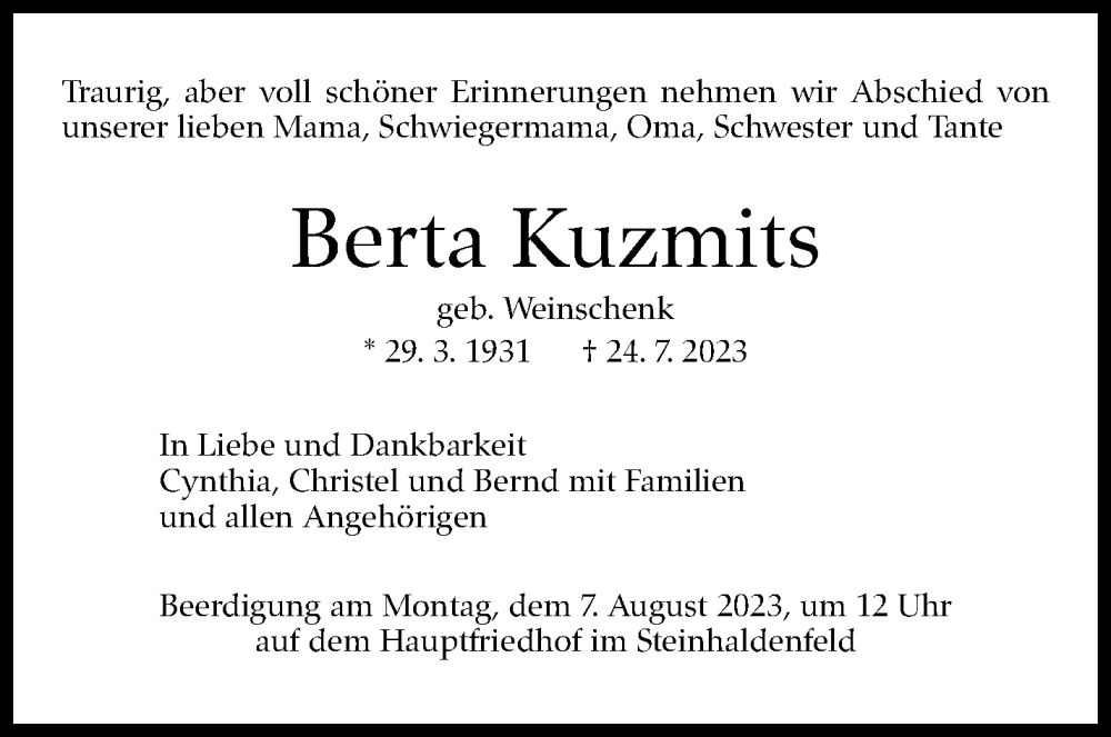  Traueranzeige für Berta Kuzmits vom 29.07.2023 aus Stuttgarter Zeitung / Stuttgarter Nachrichten