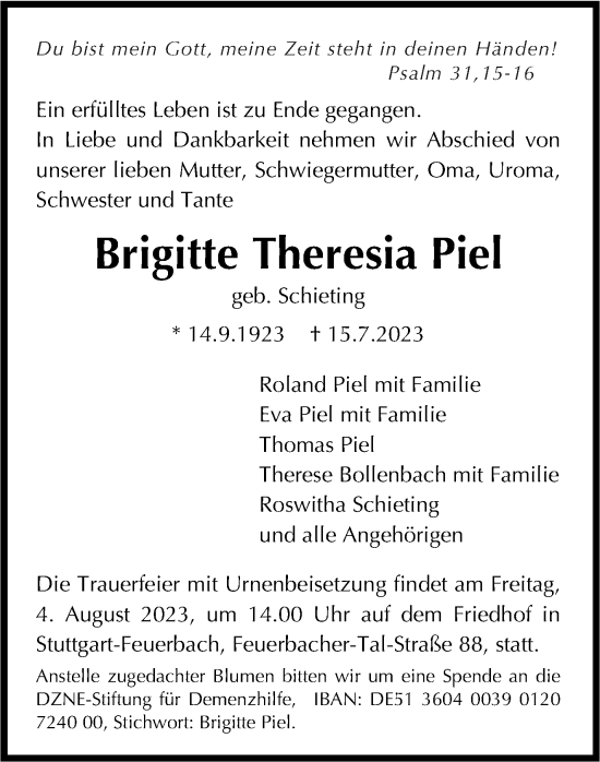 Traueranzeige von Brigitte Theresia Piel von Stuttgarter Zeitung / Stuttgarter Nachrichten