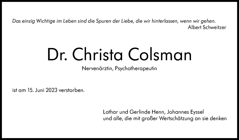  Traueranzeige für Christa Colsman vom 04.07.2023 aus Stuttgarter Zeitung / Stuttgarter Nachrichten