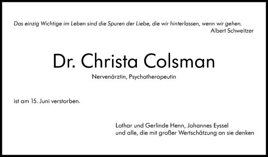 Traueranzeige von Christa Colsman von Stuttgarter Zeitung / Stuttgarter Nachrichten