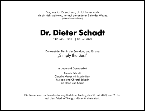 Traueranzeige von Dieter Schadt von Stuttgarter Zeitung / Stuttgarter Nachrichten