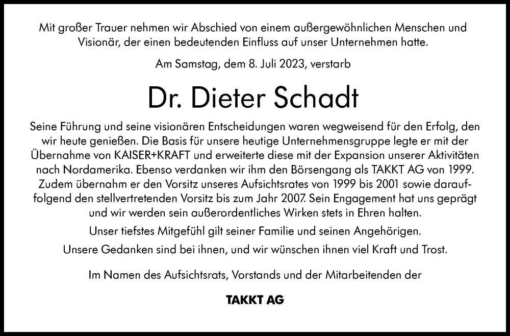  Traueranzeige für Dieter Schadt vom 18.07.2023 aus Stuttgarter Zeitung / Stuttgarter Nachrichten