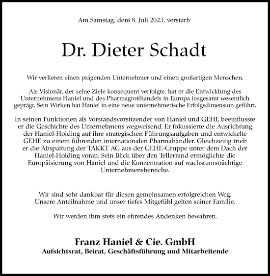 Traueranzeige von Dieter Schadt von Stuttgarter Zeitung / Stuttgarter Nachrichten