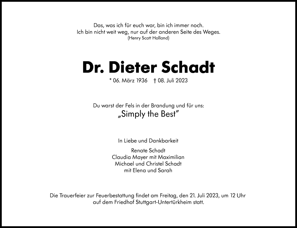  Traueranzeige für Dieter Schadt vom 15.07.2023 aus Stuttgarter Zeitung / Stuttgarter Nachrichten