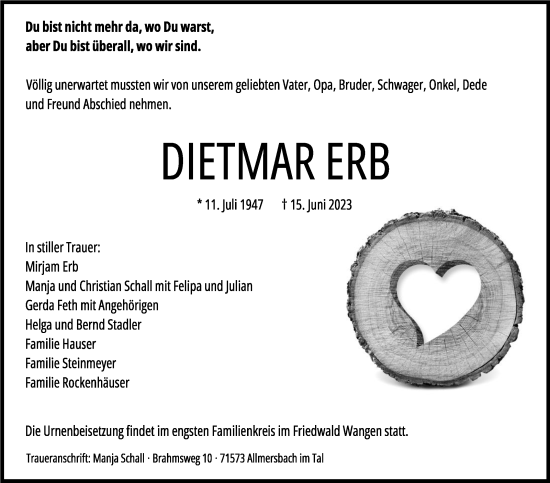 Traueranzeige von Dietmar Erb von Stuttgarter Zeitung / Stuttgarter Nachrichten