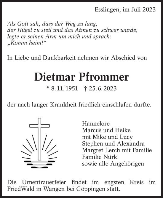 Traueranzeige von Dietmar Pfrommer von Stuttgarter Zeitung / Stuttgarter Nachrichten