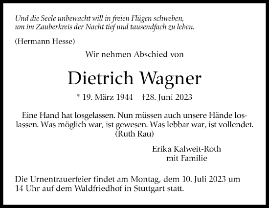 Traueranzeige von Dietrich Wagner von Stuttgarter Zeitung / Stuttgarter Nachrichten