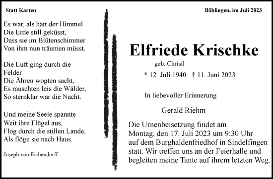 Traueranzeige von Elfriede Krischke von Stuttgarter Zeitung / Stuttgarter Nachrichten