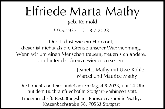 Traueranzeige von Elfriede Marta Mathy von Stuttgarter Zeitung / Stuttgarter Nachrichten