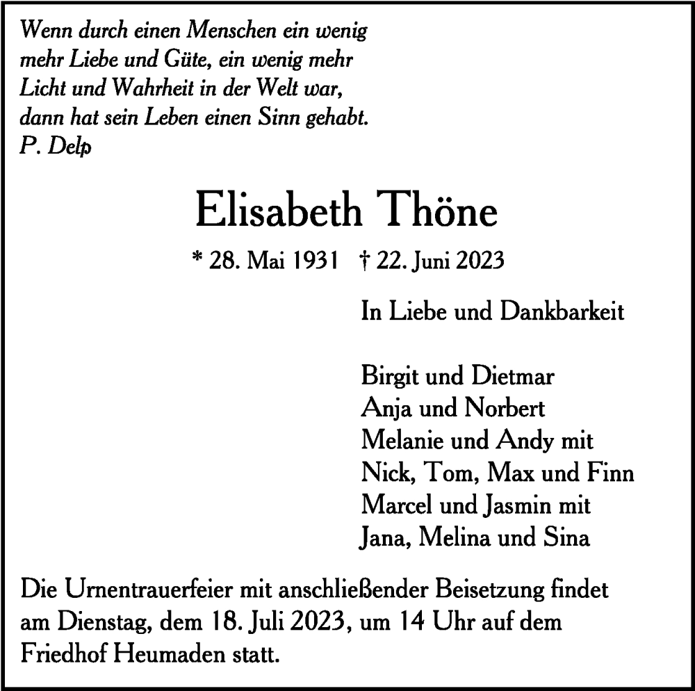  Traueranzeige für Elisabeth Thöne vom 08.07.2023 aus Stuttgarter Zeitung / Stuttgarter Nachrichten