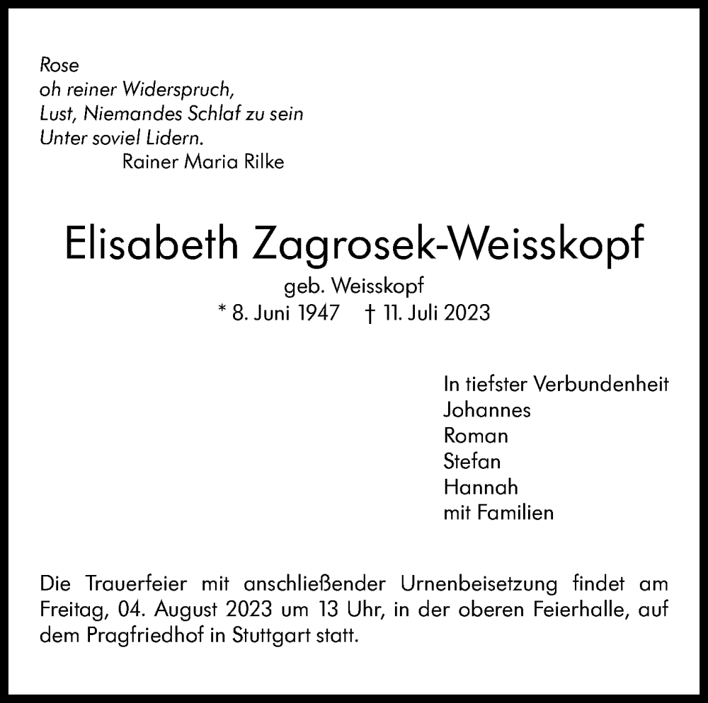  Traueranzeige für Elisabeth Zagrosek-Weisskopf vom 15.07.2023 aus Stuttgarter Zeitung / Stuttgarter Nachrichten