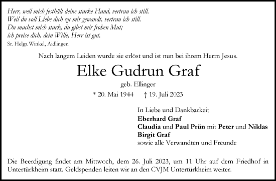 Traueranzeige von Elke Gudrun Graf von Stuttgarter Zeitung / Stuttgarter Nachrichten