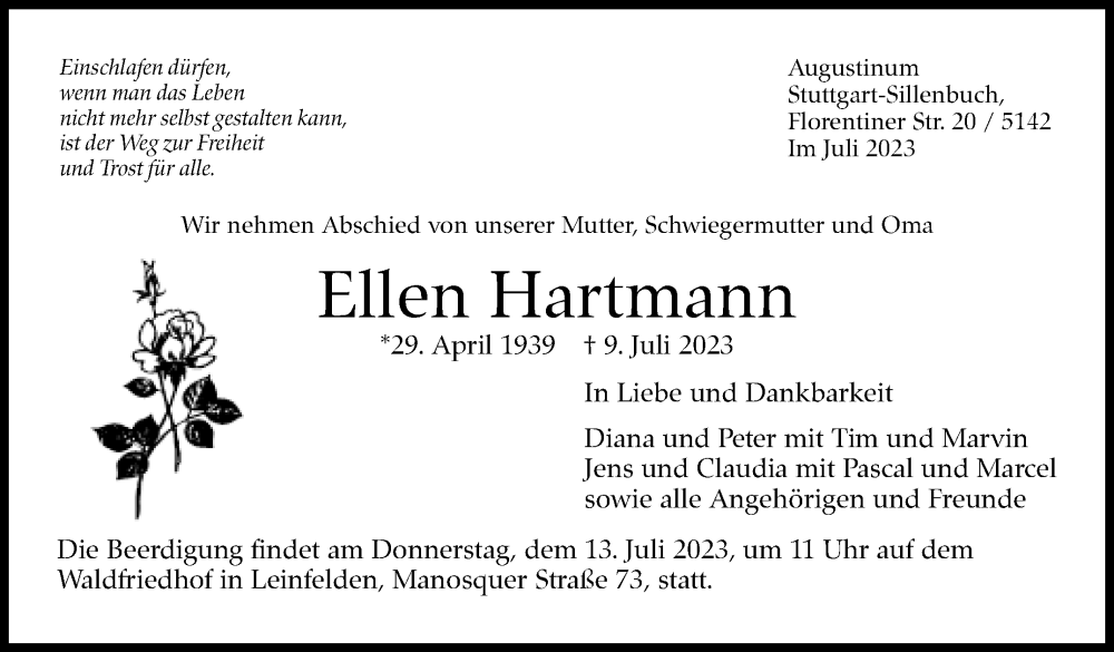  Traueranzeige für Ellen Hartmann vom 12.07.2023 aus Stuttgarter Zeitung / Stuttgarter Nachrichten