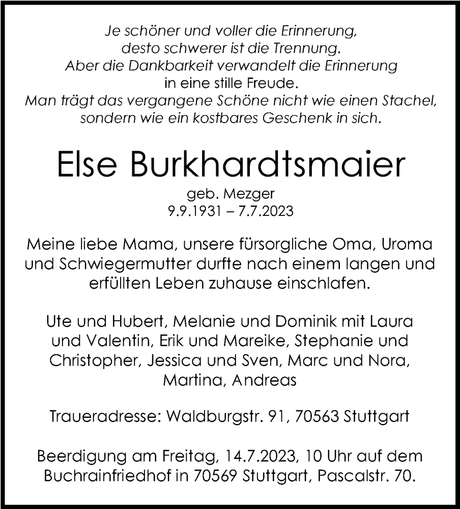  Traueranzeige für Else Burkhardtsmaier vom 12.07.2023 aus Stuttgarter Zeitung / Stuttgarter Nachrichten