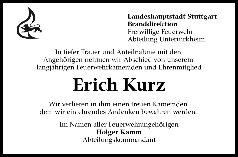  Traueranzeige für Erich Kurz vom 29.07.2023 aus Stuttgarter Zeitung / Stuttgarter Nachrichten