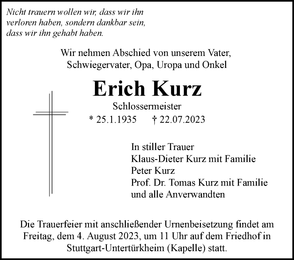  Traueranzeige für Erich Kurz vom 29.07.2023 aus Stuttgarter Zeitung / Stuttgarter Nachrichten