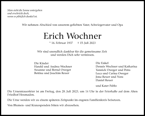 Traueranzeige von Erich Wochner von Stuttgarter Zeitung / Stuttgarter Nachrichten