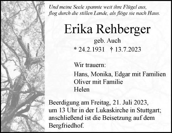 Traueranzeige von Erika Rehberger von Stuttgarter Zeitung / Stuttgarter Nachrichten