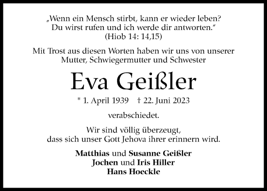 Traueranzeige von Eva Geißler von Stuttgarter Zeitung / Stuttgarter Nachrichten