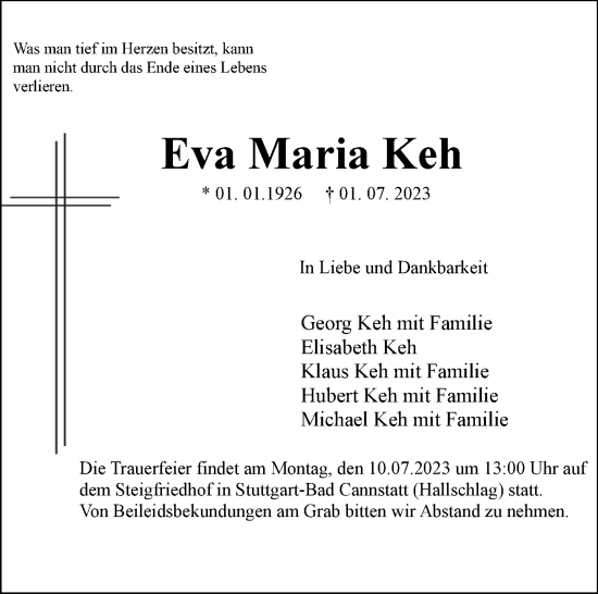 Traueranzeige von Eva Maria Keh von Stuttgarter Zeitung / Stuttgarter Nachrichten