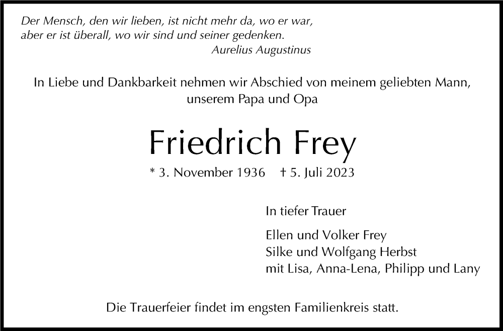  Traueranzeige für Friedrich Frey vom 15.07.2023 aus Stuttgarter Zeitung / Stuttgarter Nachrichten