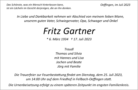Traueranzeige von Fritz Gartner von Stuttgarter Zeitung / Stuttgarter Nachrichten