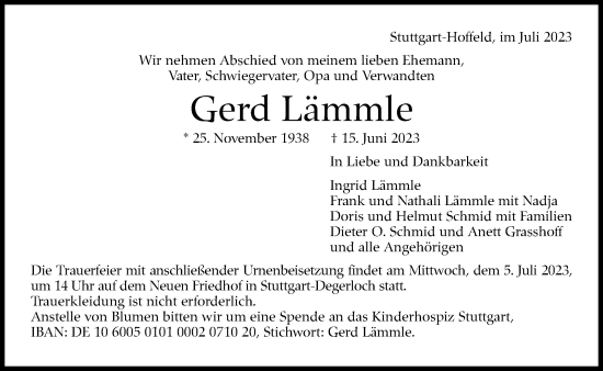 Traueranzeige von Gerd Lämmle von Stuttgarter Zeitung / Stuttgarter Nachrichten