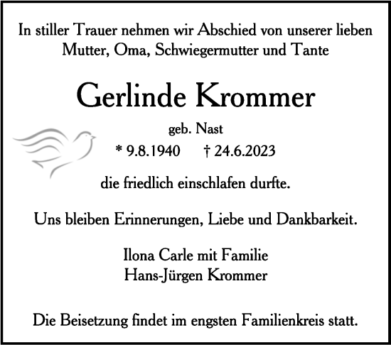 Traueranzeige von Gerlinde Krommer von Stuttgarter Zeitung / Stuttgarter Nachrichten