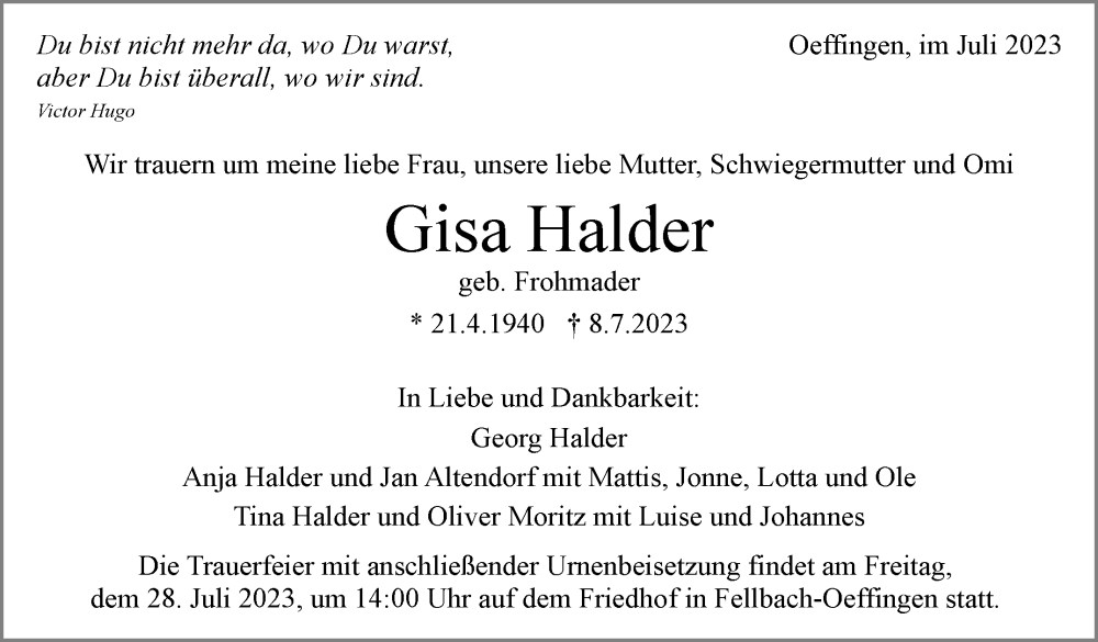  Traueranzeige für Gisa Halder vom 14.07.2023 aus Stuttgarter Zeitung / Stuttgarter Nachrichten
