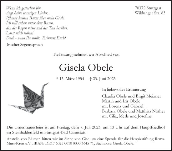 Traueranzeige von Gisela Obele von Stuttgarter Zeitung / Stuttgarter Nachrichten