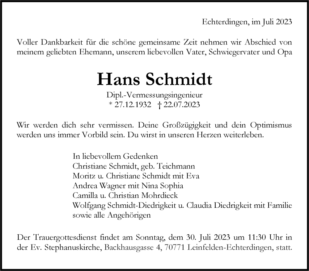  Traueranzeige für Hans Schmidt vom 26.07.2023 aus Stuttgarter Zeitung / Stuttgarter Nachrichten