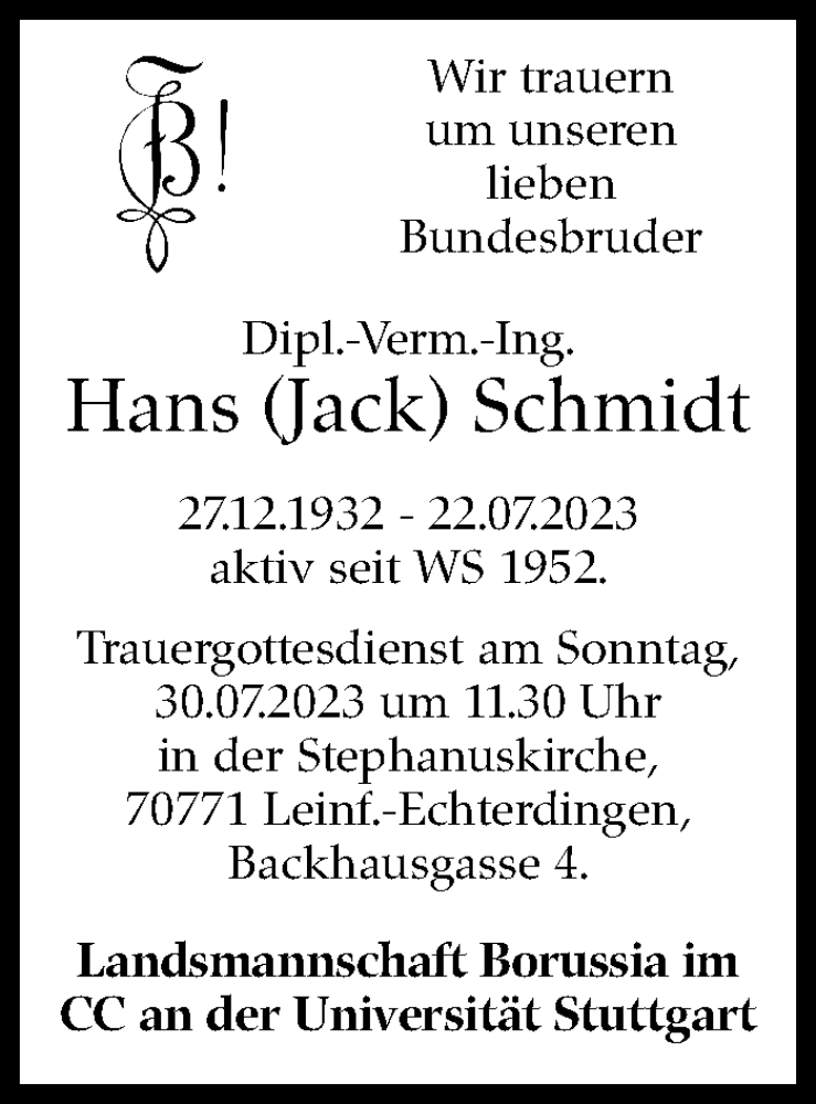  Traueranzeige für Hans Schmidt vom 26.07.2023 aus Stuttgarter Zeitung / Stuttgarter Nachrichten