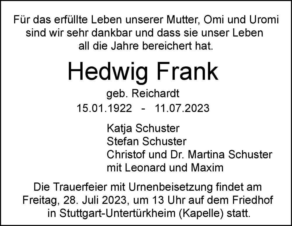  Traueranzeige für Hedwig Frank vom 22.07.2023 aus Stuttgarter Zeitung / Stuttgarter Nachrichten