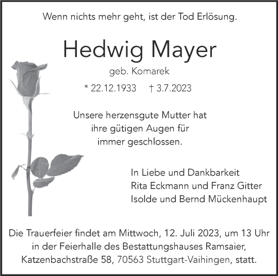 Traueranzeige von Hedwig Mayer von Stuttgarter Zeitung / Stuttgarter Nachrichten