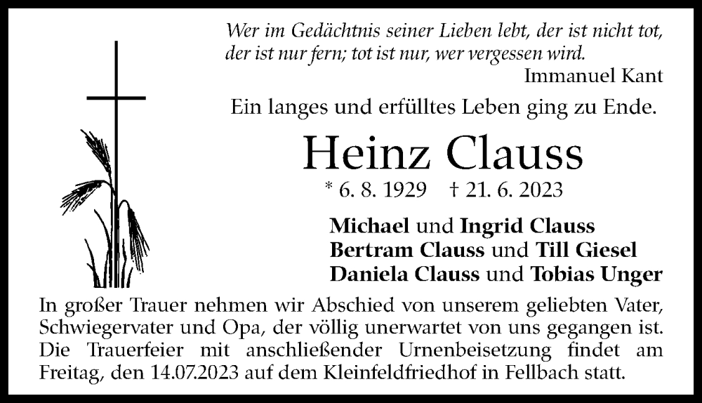  Traueranzeige für Heinz Clauss vom 10.07.2023 aus Stuttgarter Zeitung / Stuttgarter Nachrichten