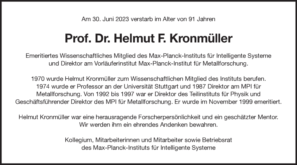  Traueranzeige für Helmut F. Kronmüller vom 08.07.2023 aus Stuttgarter Zeitung / Stuttgarter Nachrichten
