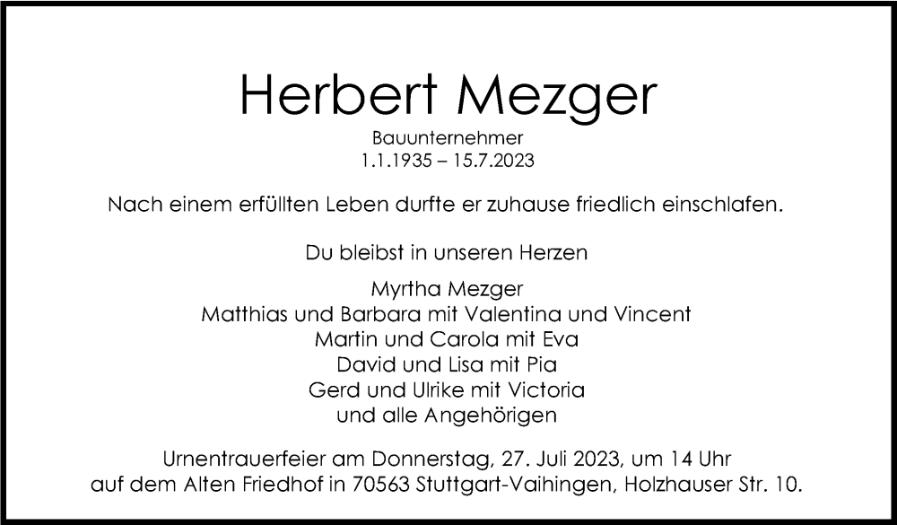  Traueranzeige für Herbert Mezger vom 22.07.2023 aus Stuttgarter Zeitung / Stuttgarter Nachrichten