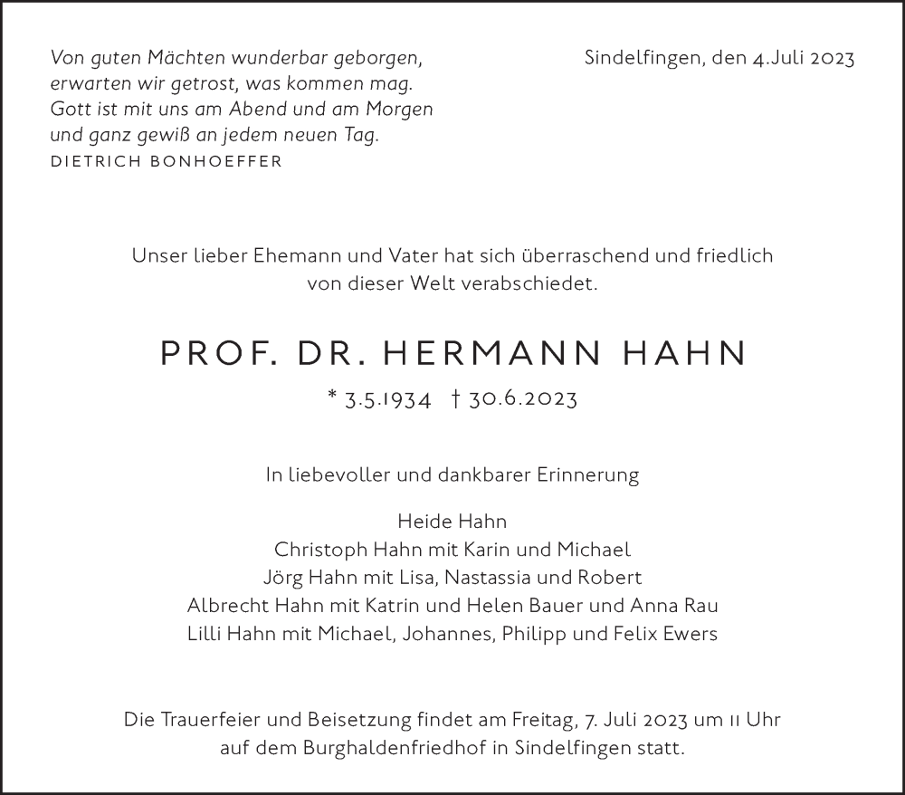 Traueranzeige für Hermann Hahn vom 05.07.2023 aus Stuttgarter Zeitung / Stuttgarter Nachrichten