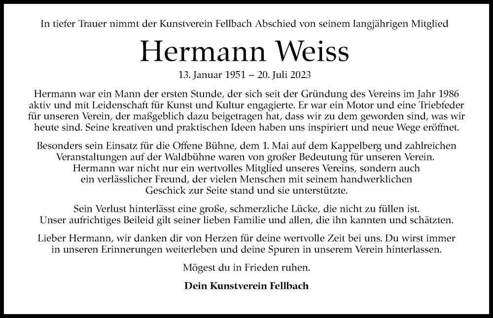  Traueranzeige für Hermann Weiss vom 31.07.2023 aus Stuttgarter Zeitung / Stuttgarter Nachrichten