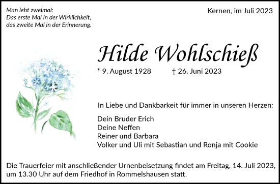 Traueranzeige von Hilde Wohlschieß von Stuttgarter Zeitung / Stuttgarter Nachrichten
