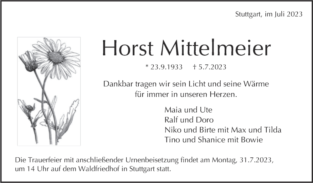  Traueranzeige für Horst Mittelmeier vom 15.07.2023 aus Stuttgarter Zeitung / Stuttgarter Nachrichten