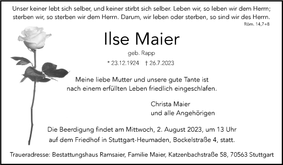 Traueranzeige von Ilse Maier von Stuttgarter Zeitung / Stuttgarter Nachrichten