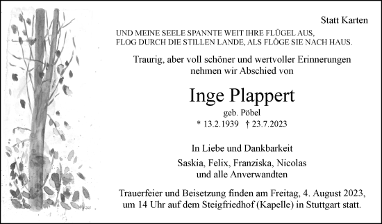 Traueranzeige von Inge Plappert von Stuttgarter Zeitung / Stuttgarter Nachrichten