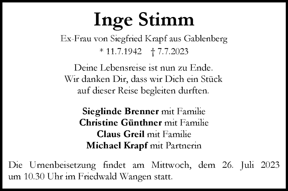  Traueranzeige für Inge Stimm vom 15.07.2023 aus Stuttgarter Zeitung / Stuttgarter Nachrichten