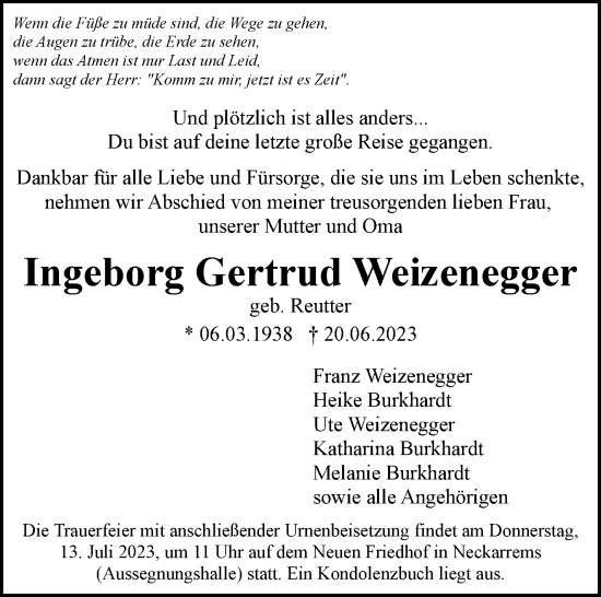 Traueranzeige von Ingeborg Gertrud Weizenegger von Stuttgarter Zeitung / Stuttgarter Nachrichten