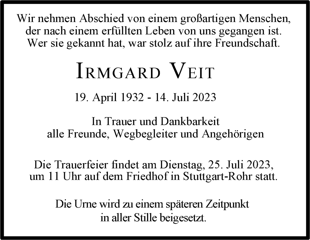  Traueranzeige für Irmgard Veit vom 22.07.2023 aus Stuttgarter Zeitung / Stuttgarter Nachrichten