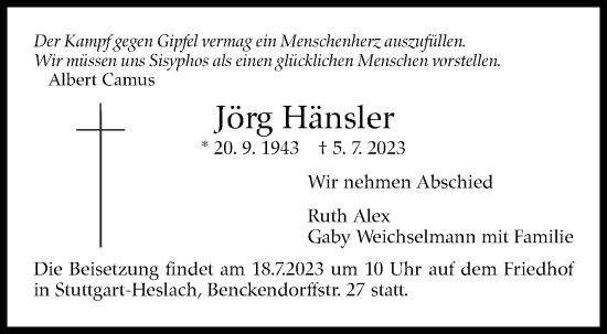 Traueranzeige von Jörg Hänsler von Stuttgarter Zeitung / Stuttgarter Nachrichten