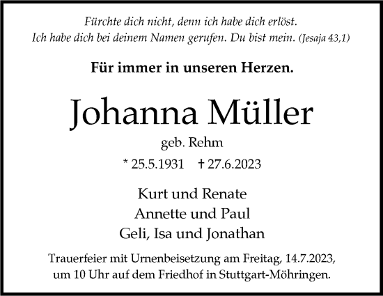 Traueranzeige von Johanna Müller von Stuttgarter Zeitung / Stuttgarter Nachrichten