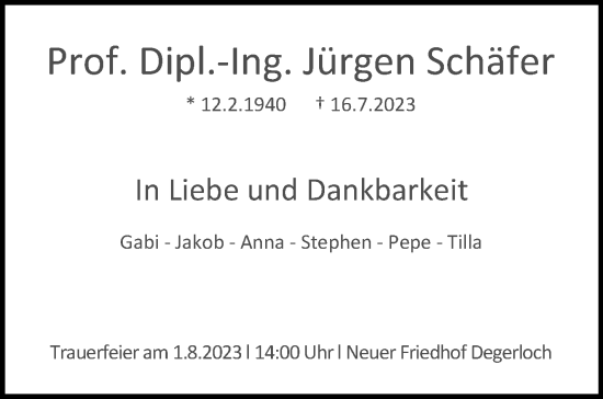 Traueranzeige von Jürgen Schäfer von Stuttgarter Zeitung / Stuttgarter Nachrichten